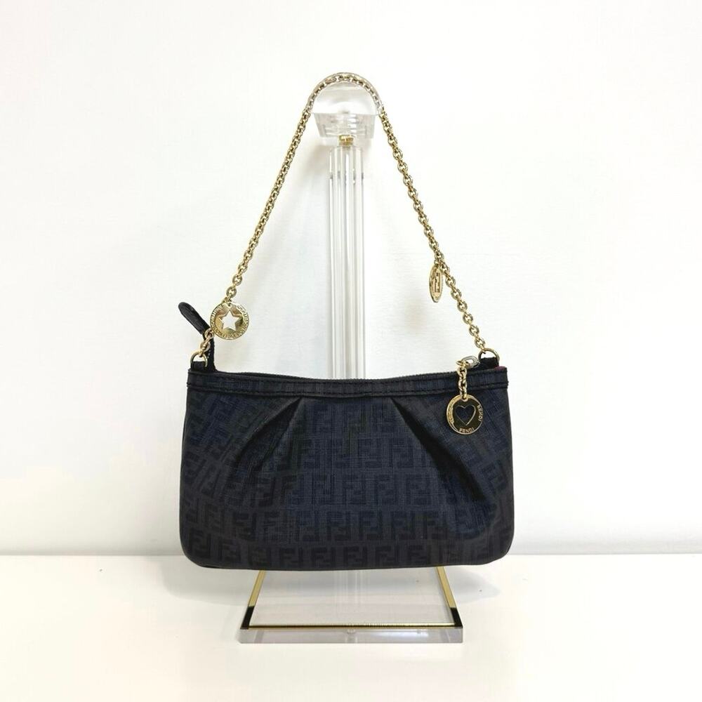 FENDI FF Zucchino Black Gold Logo Charm Chain Shoulder Bag Baguette Rare Handbag